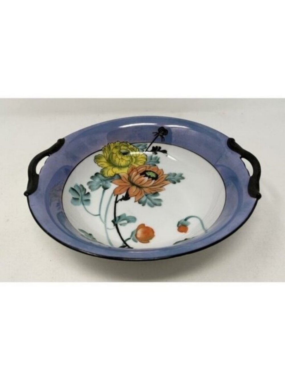 NORITAKE MORIMURA TWO HANDLED SERVING BOWL Floral Art Deco Blue Luster Ware - Picture 4 of 15